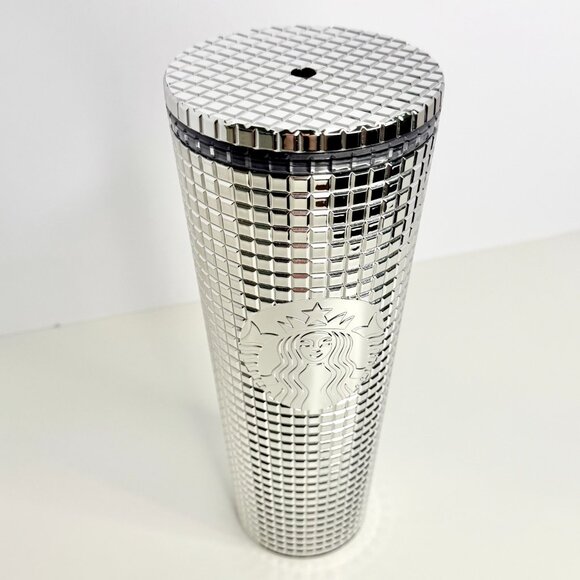 24oz‎ Starbucks 2023 Holiday Christmas Mirror Silver Grid Tumbler Venti Cold Cup - Picture 2 of 2